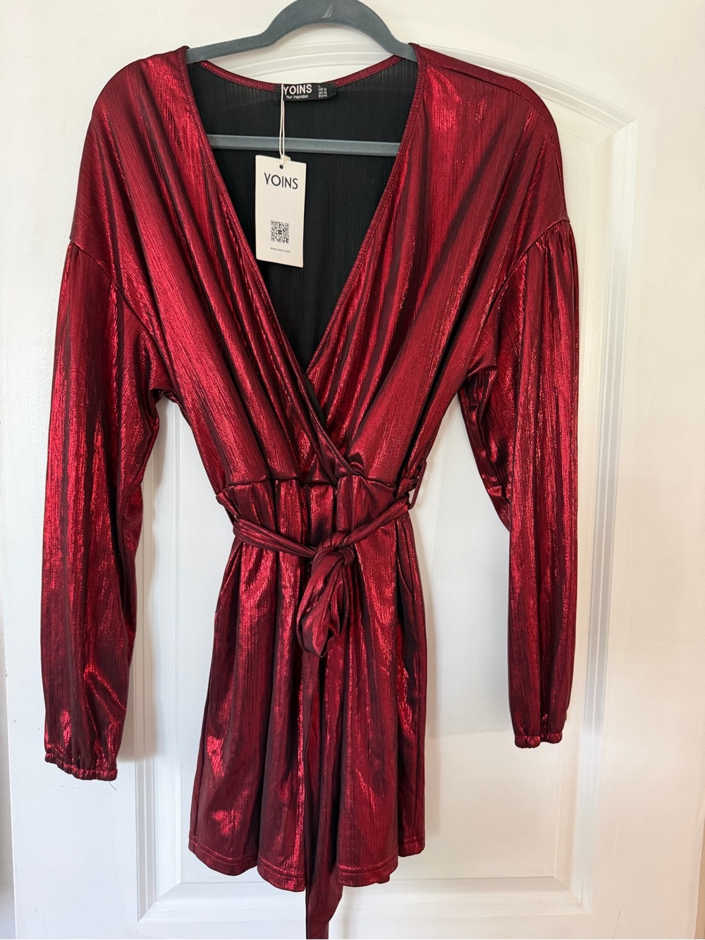 YOINS Metallic Red Wrap Romper with Tie Waist